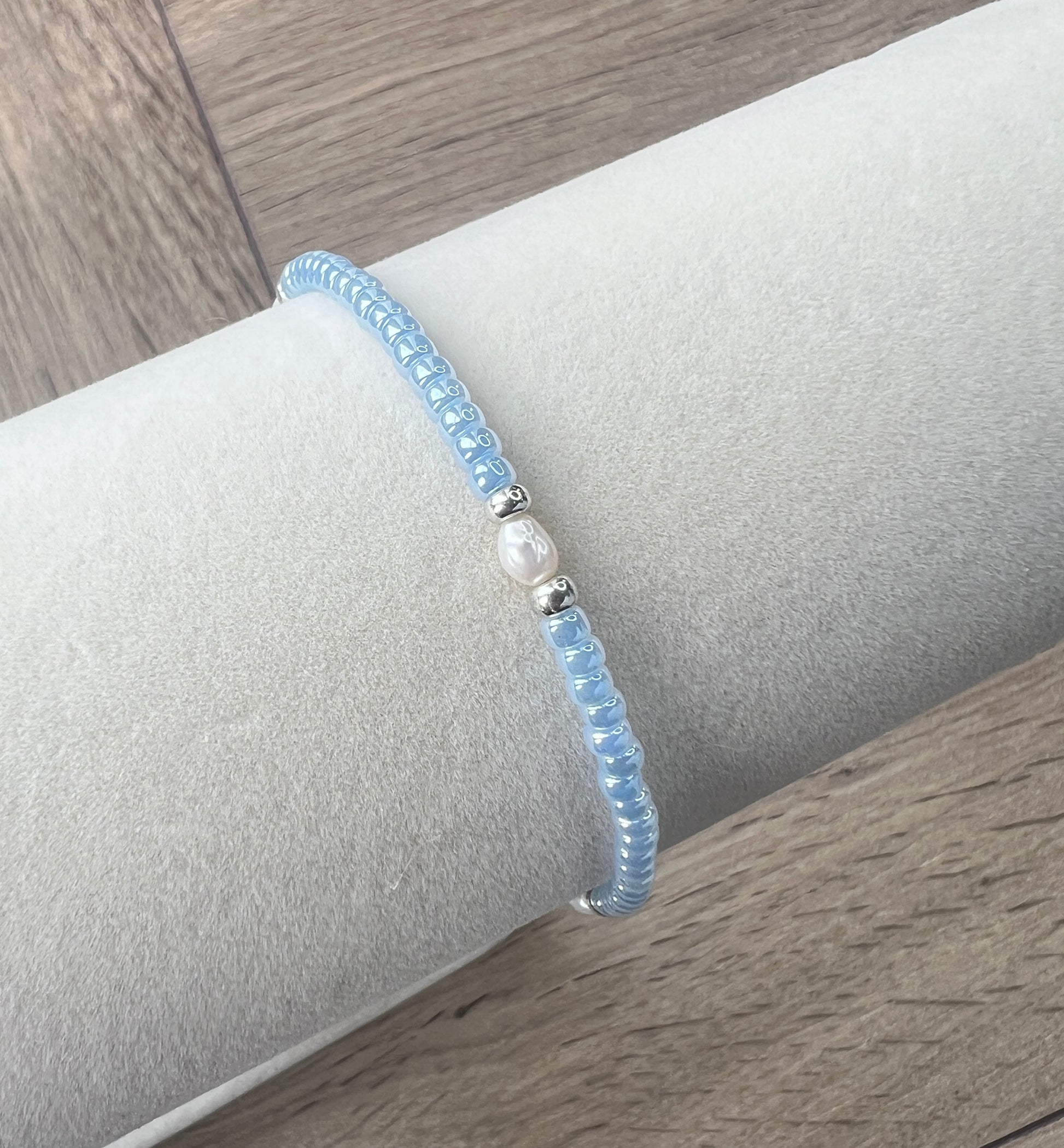 Sky Blue Glass Bead & Freshwater Pearl Bracelet