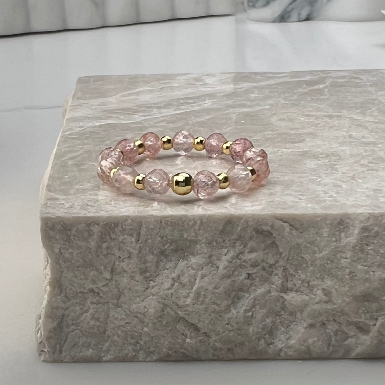 Strawberry Quartz Stretch Ring | Gold Plated