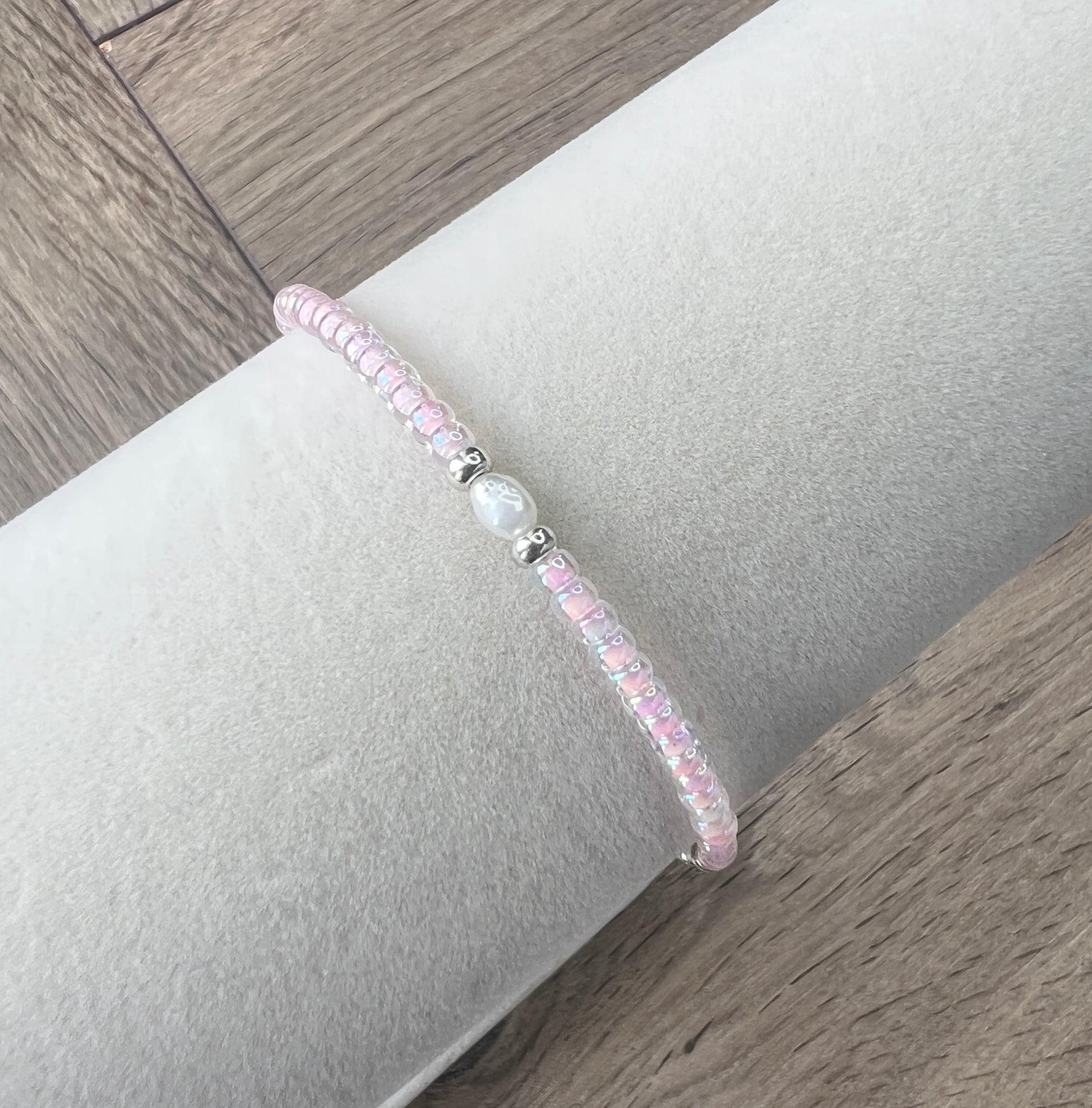 Pink-Lined Glass Bead & Freshwater Pearl Bracelet