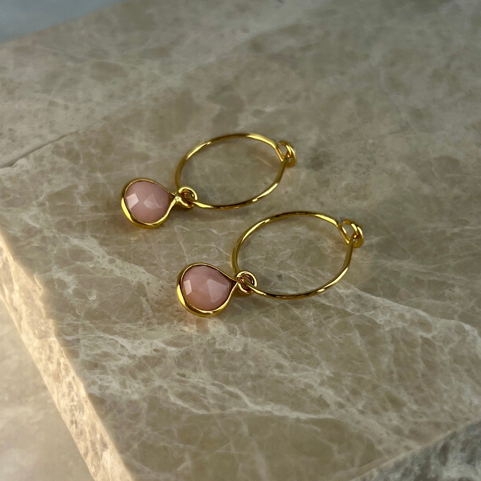 Gold Pink Opal Hoop Earrings