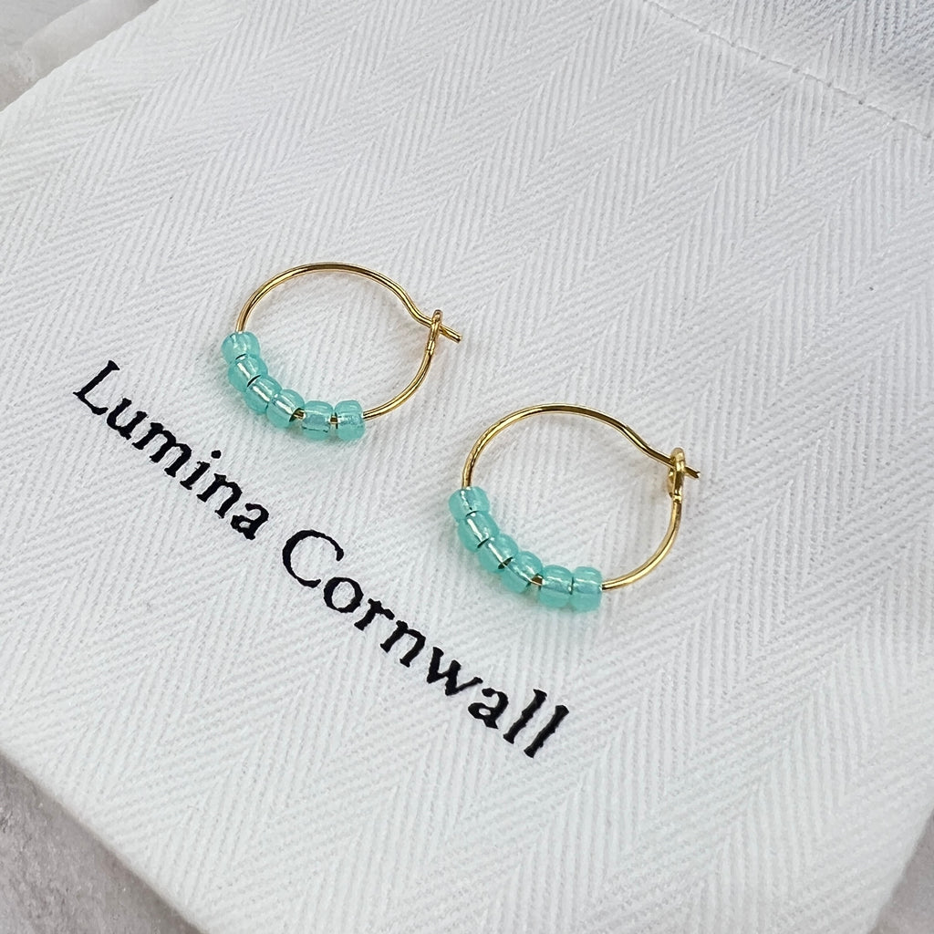 Aqua Glass Bead Hoop Earrings