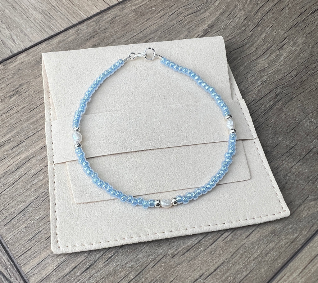 Sky Blue Glass Bead & Freshwater Pearl Bracelet