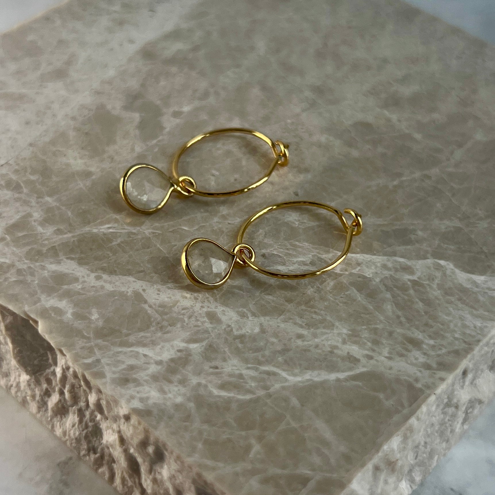 Gold Rainbow Moonstone Hoop Earrings