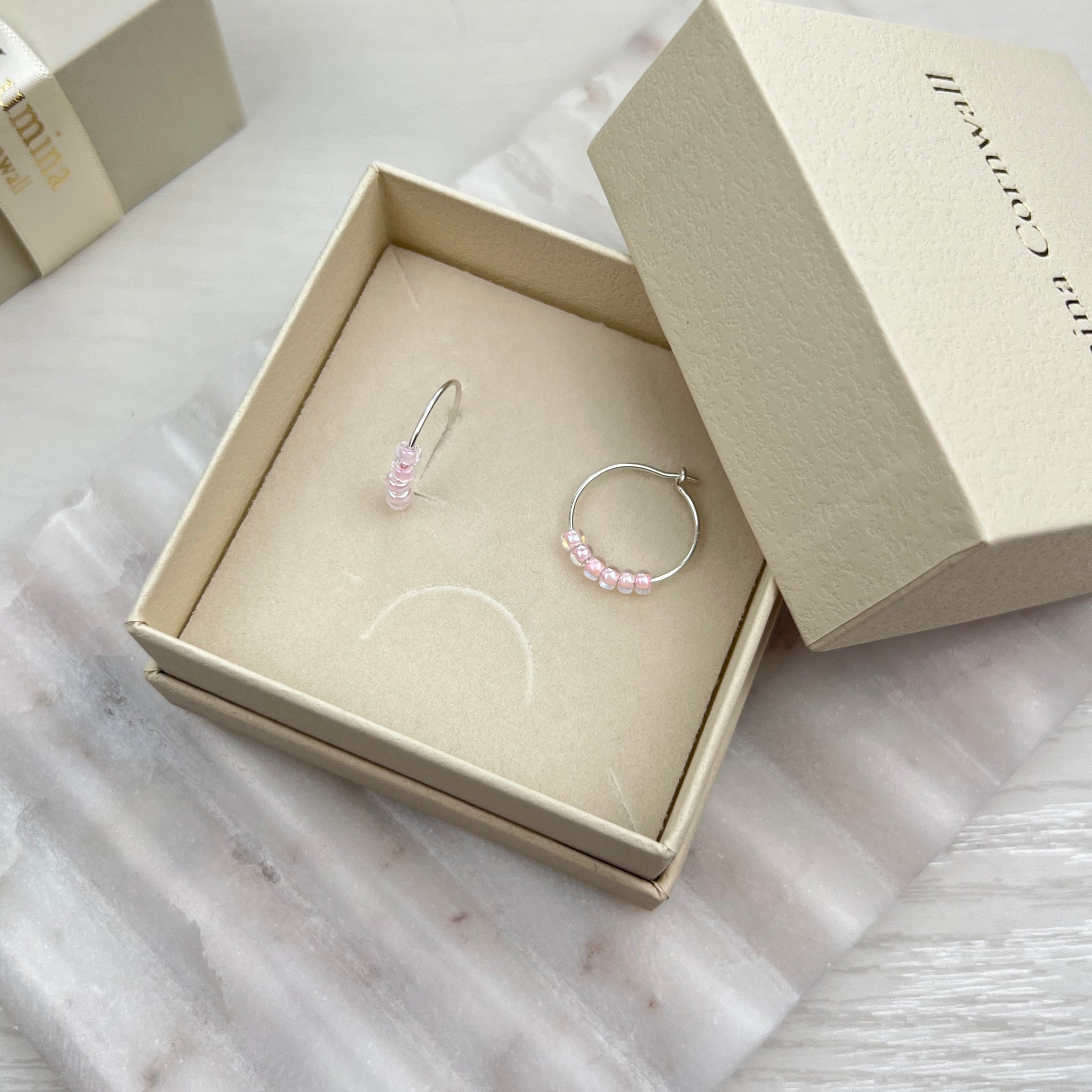 Baby Pink Glass Bead Hoop Earrings