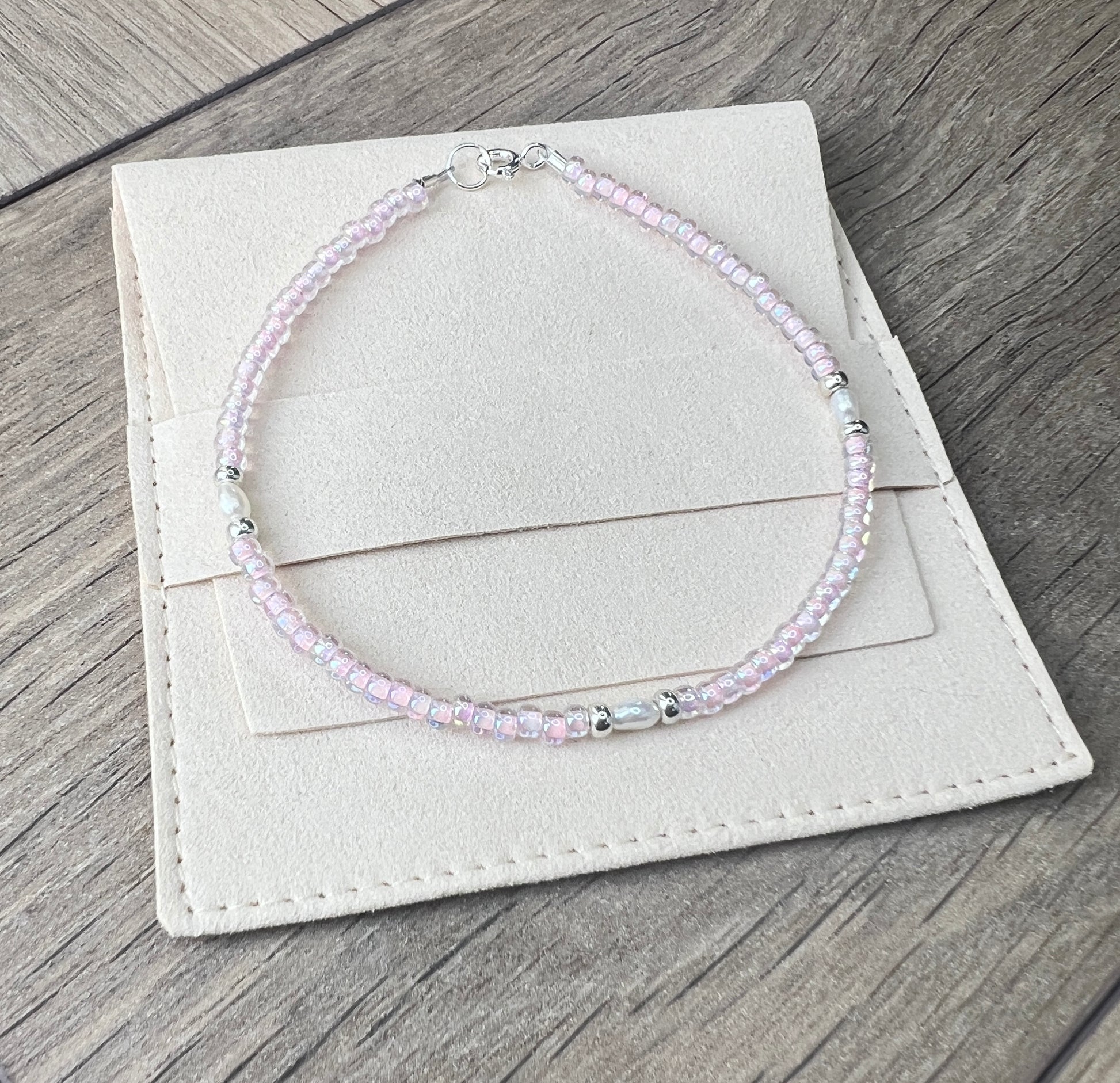 Pink-Lined Glass Bead & Freshwater Pearl Bracelet