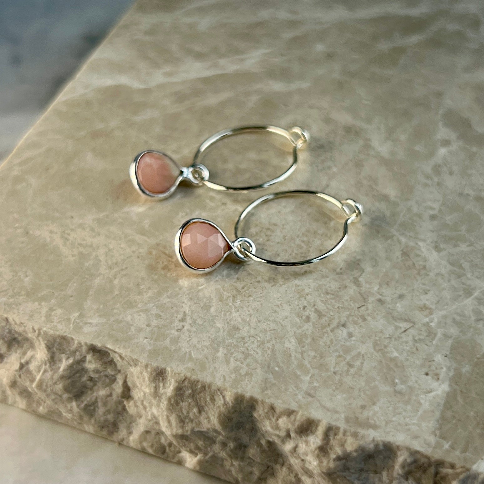 Sterling Silver Pink Opal Hoop Earrings