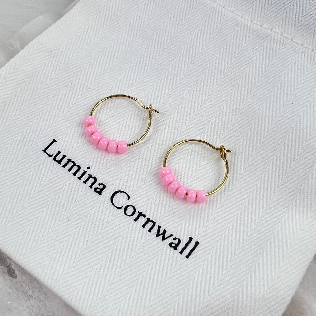 Pink Glass Bead Hoop Earrings